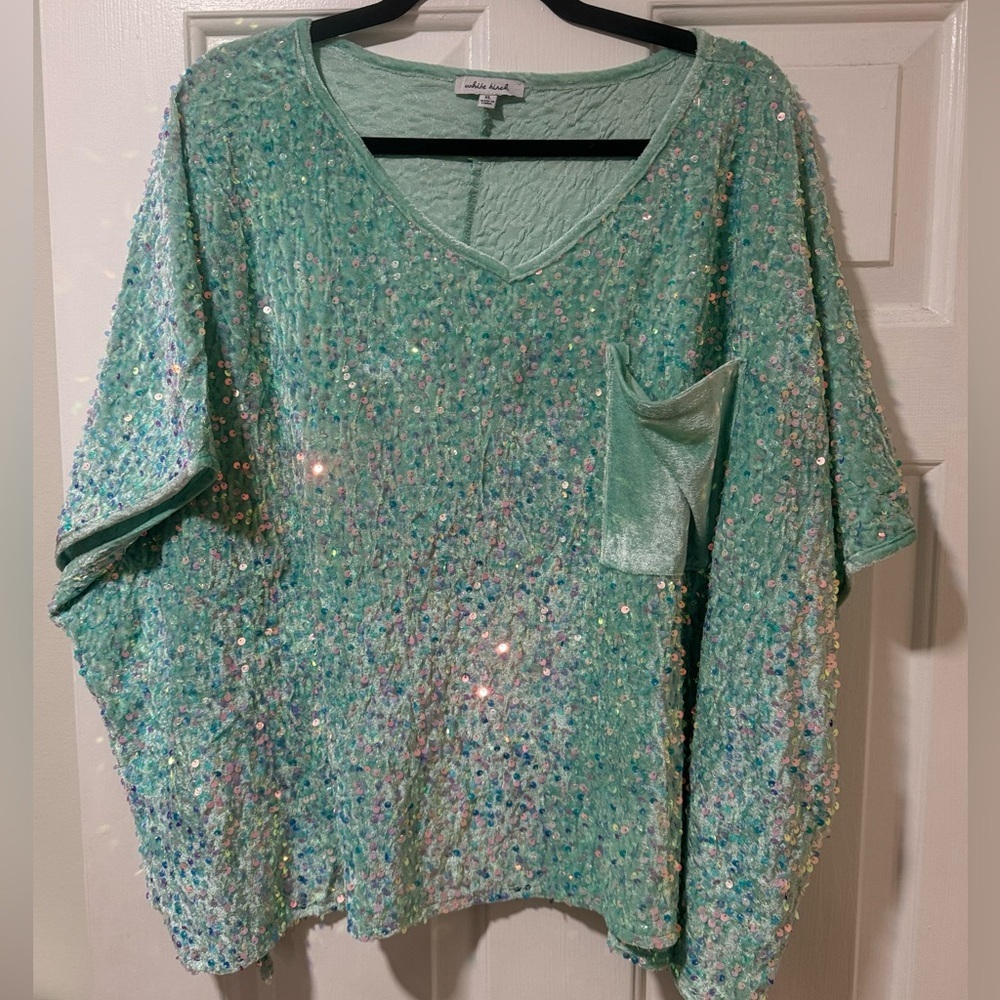 BRAND NEW WHITE BIRCH MINT GREEN VELOUR FEEL V-NECK SEQUIN TOP WITH POCKET